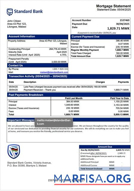 Blank Malawi Standard Bank Malawi mortgage statement Word and PDF template